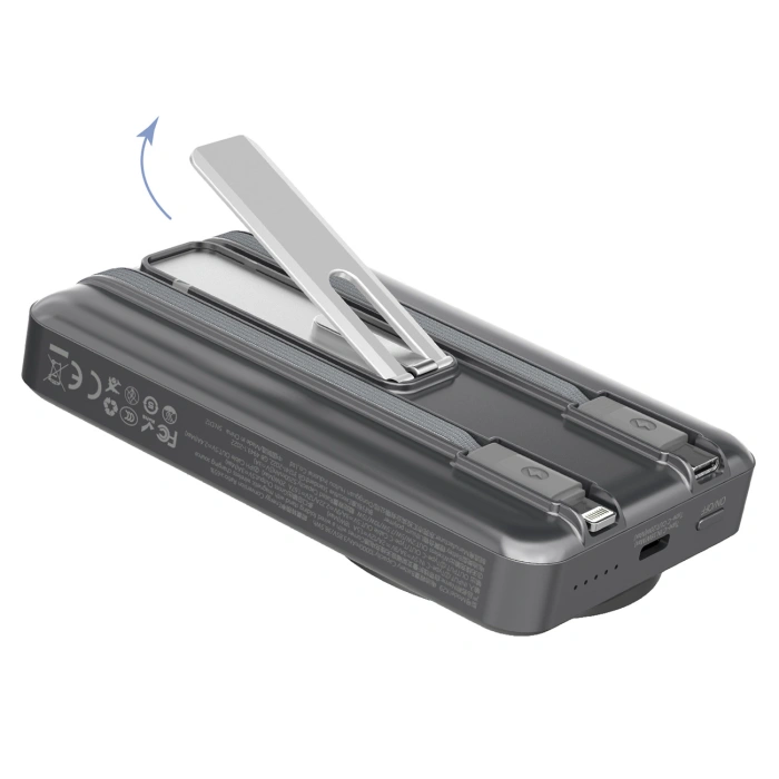 Powerbank Dudao K29 10000mAh PD 20W z MagSafe z metalową obudową, podstawką i wbudowanymi kablami USB-C/Lightning - szary