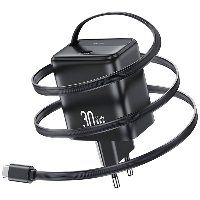 USAMS Ład. siec. 1xUSB-C ze zwijanym kablem USB-C Retractable PD+QC 30W Gan Fast Charging czarny/black YC Series CC241TC01 (US-CC241)