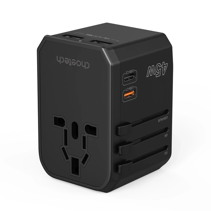 Choetech PD6045 USB-C USB-A 45W GaN Reiseladegerät mit US EU UK AU Steckern – Schwarz