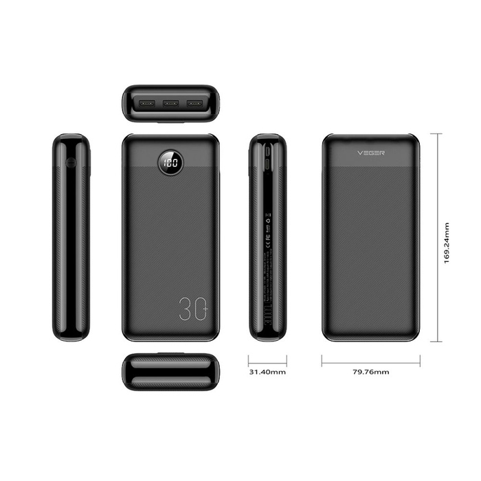 Powerbank Veger L30 (W3008PD) PD QC3.0 3A 20W 30000 mAh czarny