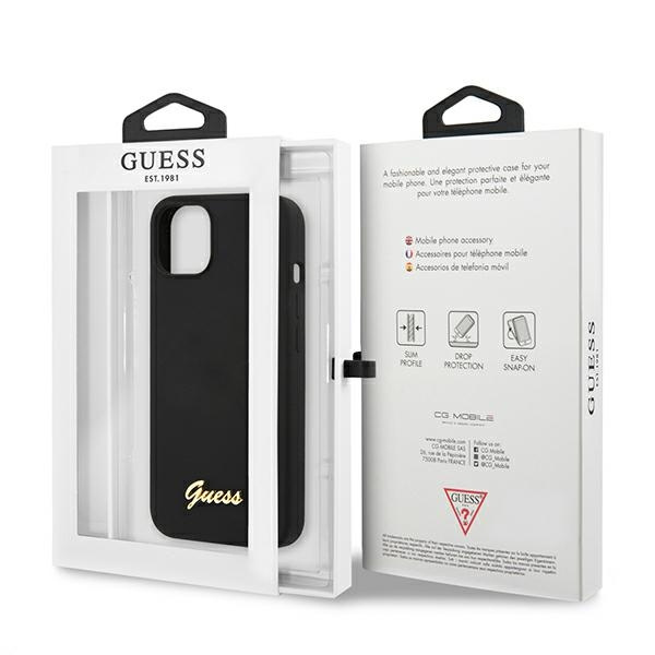 Pouzdro GUESS Apple iPhone 13 Silicone Script Gold Logo Black Hardcase