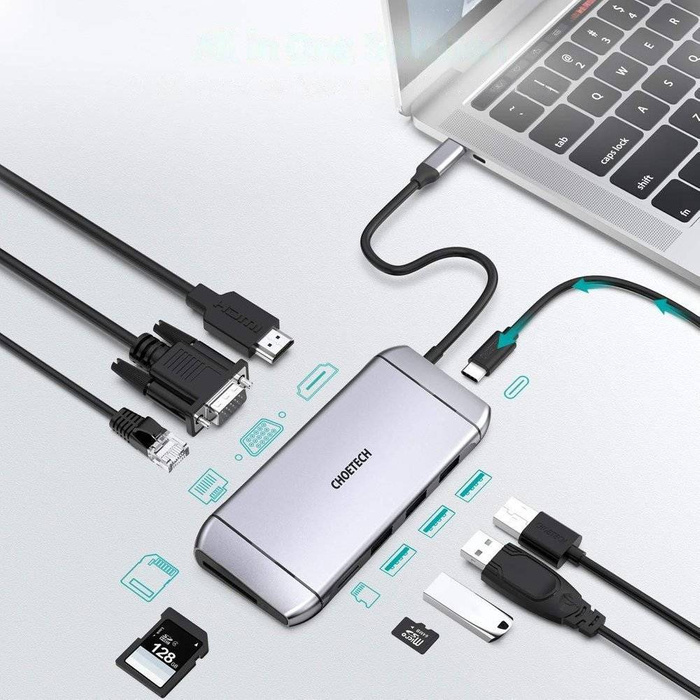 Choetech 9in1 Multifunktions USB Typ C HUB - 3x USB 3.2 Gen 1 / SD und TF Kartenleser / HDMI 4K 30Hz / VGA Full HD 60Hz / USB Typ C / RJ45 grau (HUB-M15 grau)