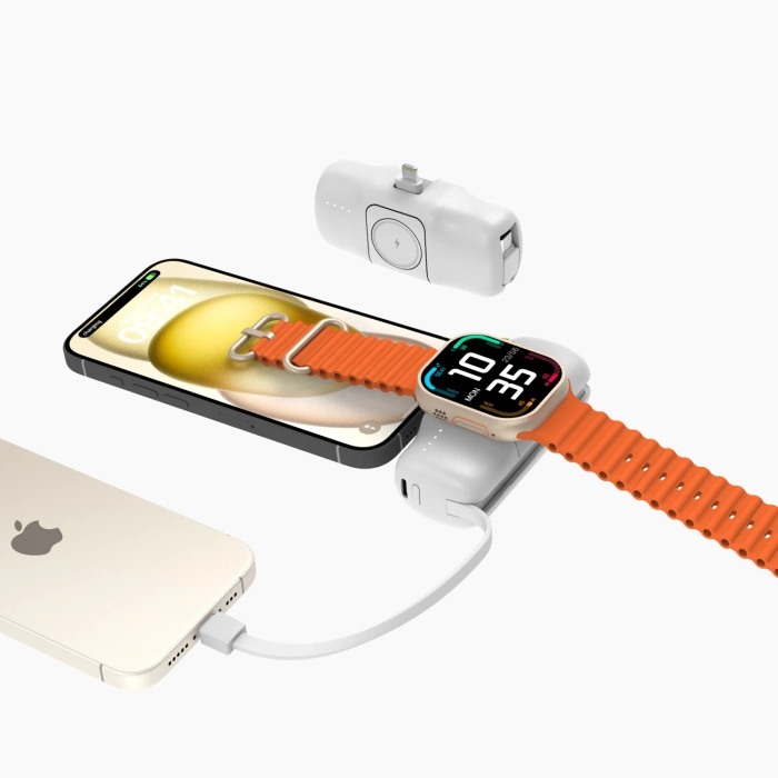 Mini powerbank Wozinsky WF16-YLS 5000mAh 15W Lightning z wbudowanym kablem USB-C i ładowarką do Apple Watch - biały