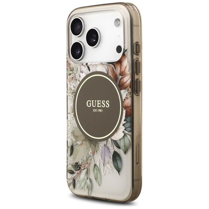 Etui Guess IML Flower & Tonal Circle     MagSafe do iPhone 17 Pro Max brązowy