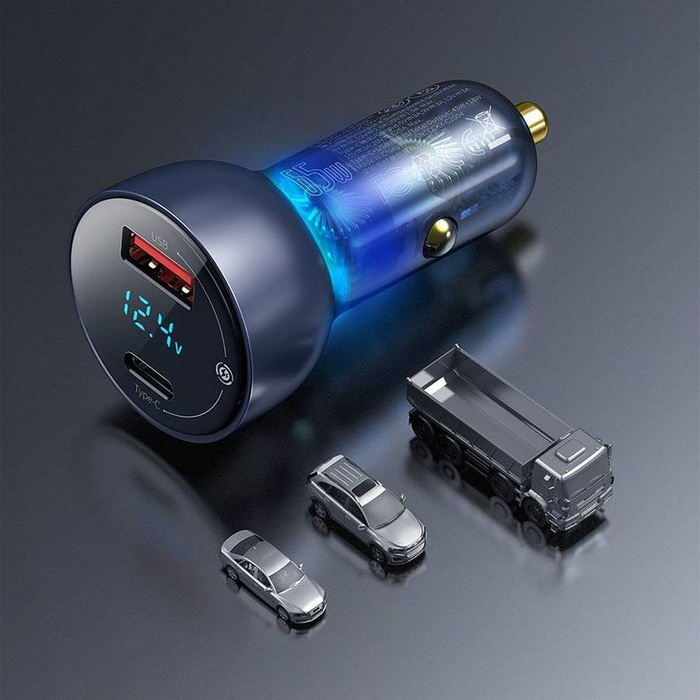 Baseus USB / USB caricabatteria per auto Tipo C 65 W 5 A SCP Quick Charge 4.0+ Power Delivery 3.0 Schermo LCD grigio (CCKX-C0G)