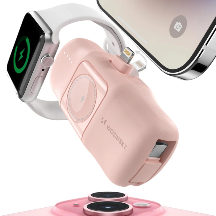 Mini powerbank Wozinsky WF16-YLS 5000mAh 15W Lightning z wbudowanym kablem USB-C i ładowarką do Apple Watch - różowy