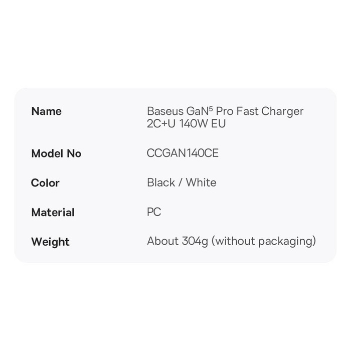 Chargeur rapide Baseus GaN5 Pro 2xUSB-C + USB 140W EU blanc (CCGP100202)