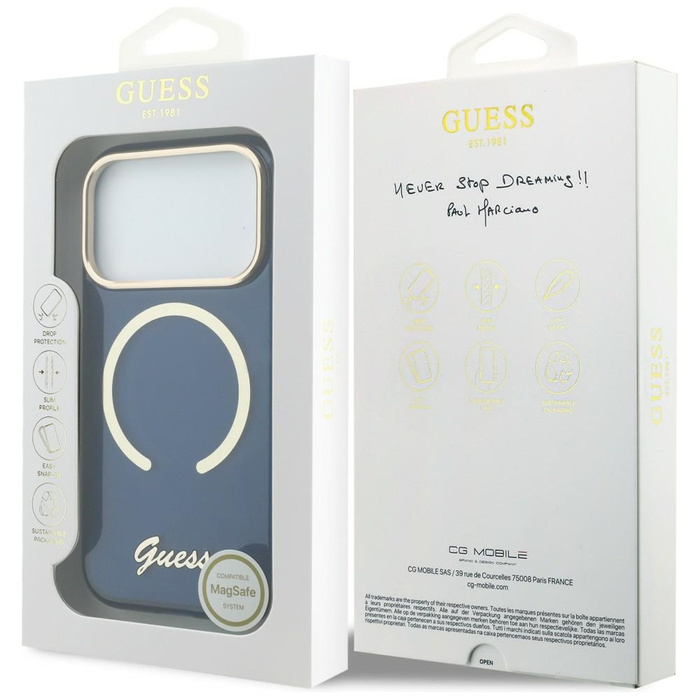 Etui Guess IML Script Metal MagSafe do   iPhone 17 Pro niebieski