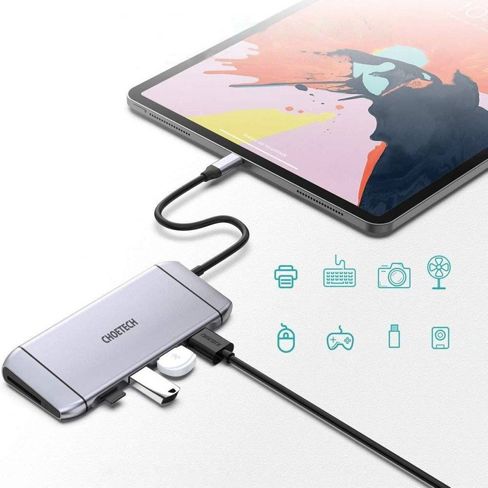 Choetech 9in1 Multifunktions USB Typ C HUB - 3x USB 3.2 Gen 1 / SD und TF Kartenleser / HDMI 4K 30Hz / VGA Full HD 60Hz / USB Typ C / RJ45 grau (HUB-M15 grau)