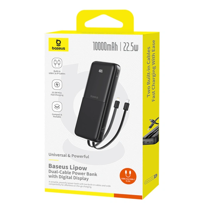 Powerbank Baseus Lipow 10000mAh 22.5W z podwójnym wbudowanym kablem z wyświetlaczem (z dodatkowym czarnym kablem Baseus Simple USB-A - USB-C 3A 0,2m) - czarny