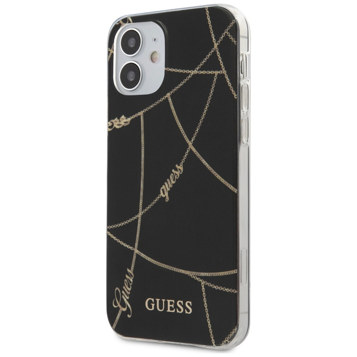 Hülle GUESS Apple iPhone 12 Mini Gold Kette Sammlung GUHCP12SPCUCHBK Schwarz Hardcase