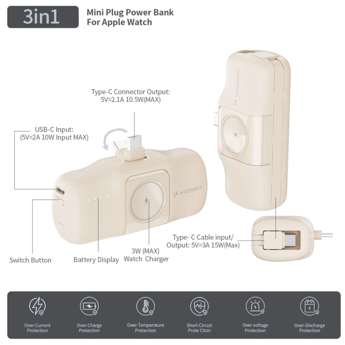 Mini powerbank Wozinsky WF16-YCS 5000mAh 15W USB-C z wbudowanym kablem USB-C i ładowarką do Apple Watch - beżowy