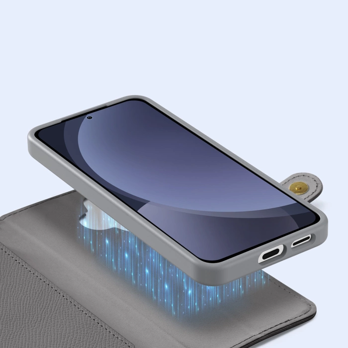 Dux Ducis Lawa Lederhülle für Samsung Galaxy S25+ mit abnehmbarer magnetischer Brieftasche – Grau