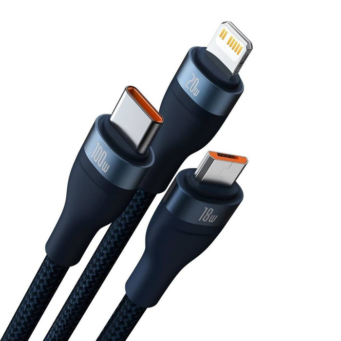 Baseus Flash Series II USB Typ C / USB Typ A Kabel - USB Typ C / Lightning / Micro USB 100 W 1,2 m blau (CASS030103)