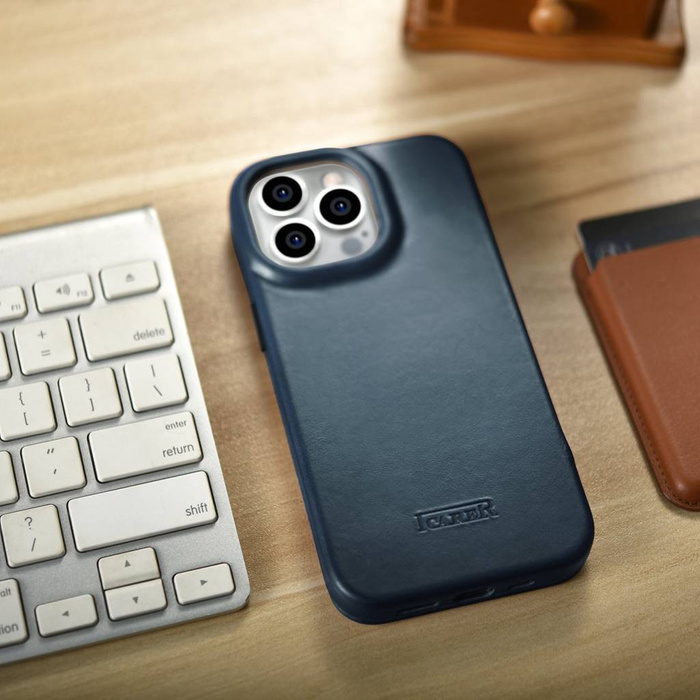 Kožené pouzdro iCarer CE Oil Wax Premium Leather Folio Case pro iPhone 14 Pro Flip Magnetic MagSafe Blue (AKI14220706-BU)
