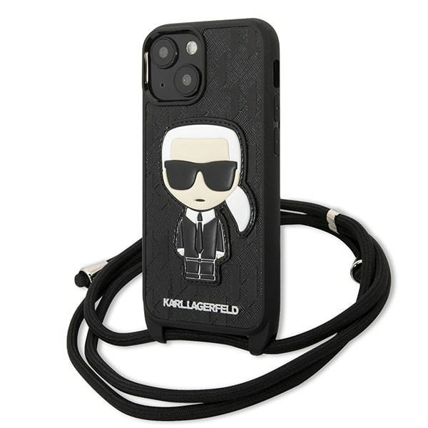 Case KARL LAGERFELD Apple iPhone 13 Mini Leather Monogram Patch and Cord Iconik Black Hardcase
