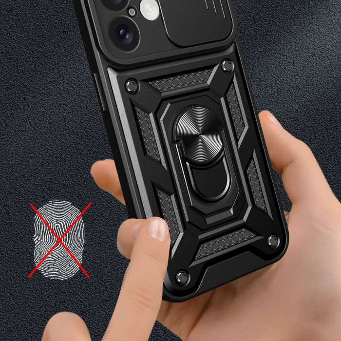 Hybrid Armor Camshield Panzerhülle für iPhone 16 mit Kameraabdeckung und Ständer – Schwarz