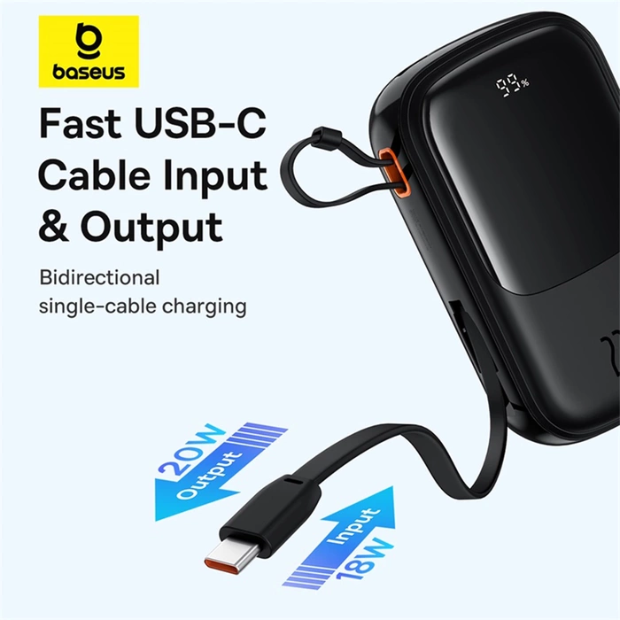Baseus Qpow Pro+ 20000mAh 22.5W powerbank with built-in USB-C cable and display - black