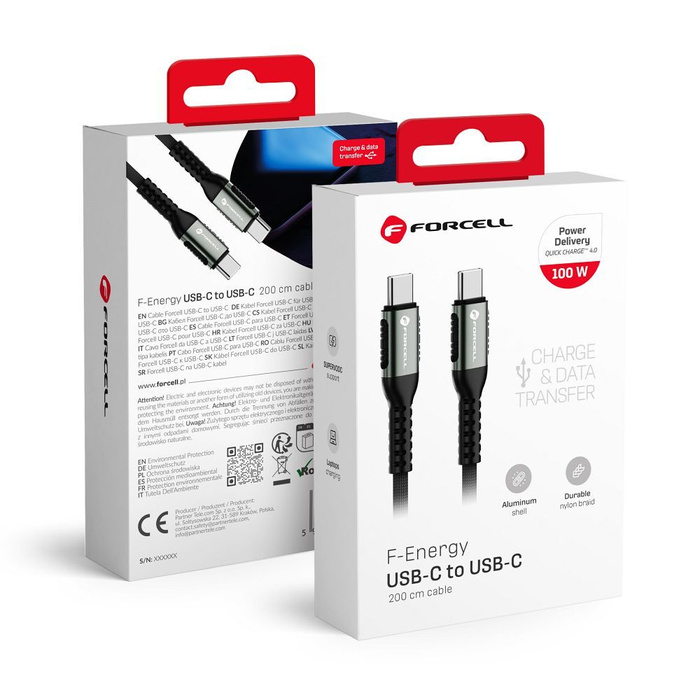 Kabel USB C do USB C Forcell F-Energy QC4.0 PD 5A 100W Cafule 2 m C260 czarny