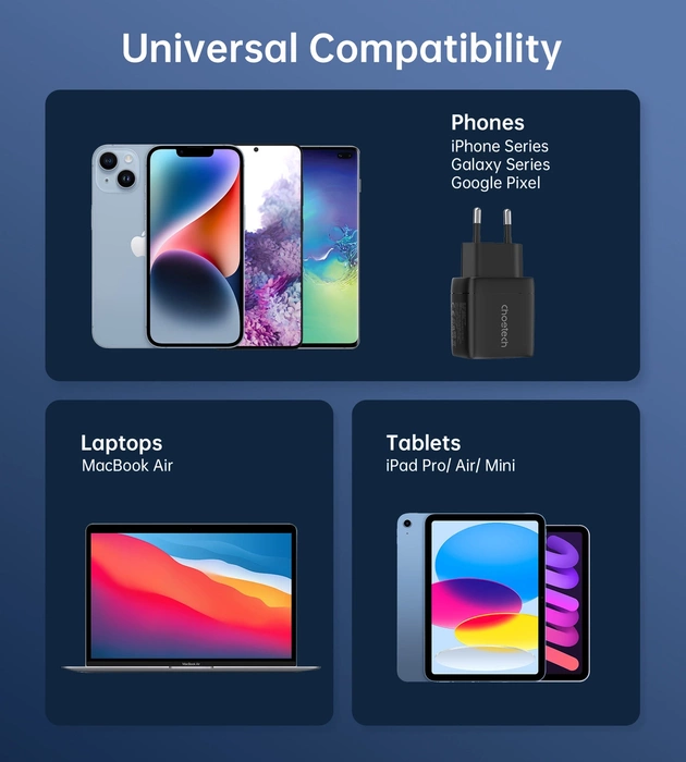 Choetech PD6052 USB-C USB-A PD 35W GaN nástěnná nabíječka s displejem - černá