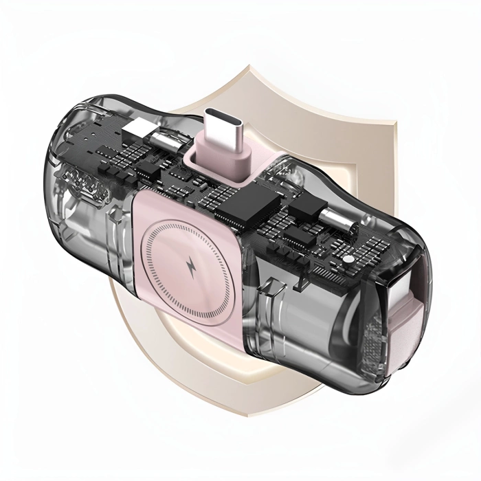 Mini powerbank Wozinsky WF16-YCS 5000mAh 15W USB-C z wbudowanym kablem USB-C i ładowarką do Apple Watch - różowy