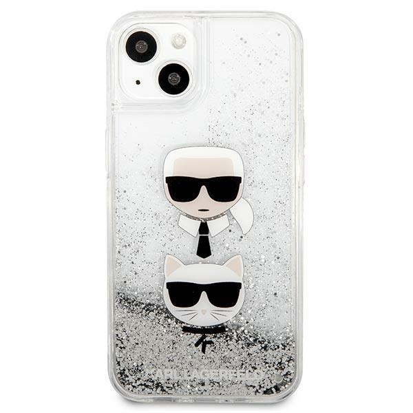 Puzdro KARL LAGERFELD Apple iPhone 13 Mini Liquid Glitter Karl & Choupette Head Silver Hardcase