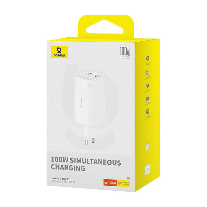 Ładowarka sieciowa Baseus GaN6 Pro 2xUSB-C + 2xUSB, 100W (biała)