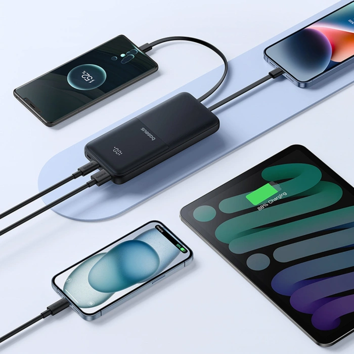 Powerbank Baseus Lipow 10000mAh 22.5W z podwójnym wbudowanym kablem z wyświetlaczem (z dodatkowym czarnym kablem Baseus Simple USB-A - USB-C 3A 0,2m) - czarny