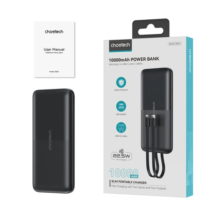 Choetech Powerbank B654 10000mAh 22.5W USB-A / USB-C / micro USB mit integriertem kabel USB-C / Lightning - schwarz
