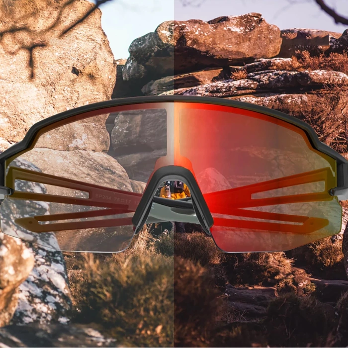 Rockbros Fahrradbrille Photochrom mit UV-Schutz und Korrektureinsatz Orange Gläser - Schwarz