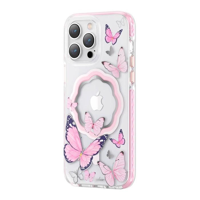 Kingxbar Butterfly Series magnetic case for iPhone 14 Plus MagSafe decorated with a print of pink butterflies