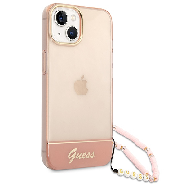 Case GUESS Apple iPhone 14 Plus Translucent Pearl Strap Pink Hardcase