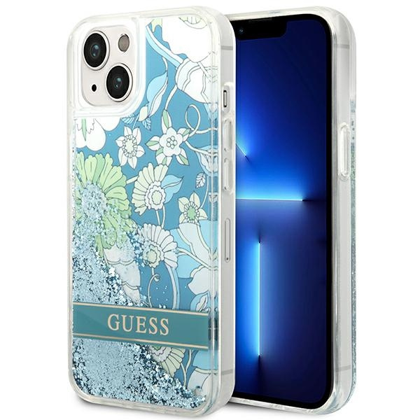 Hülle GUESS Apple iPhone 14 Plus Flower Liquid Glitter Grün Hartcase