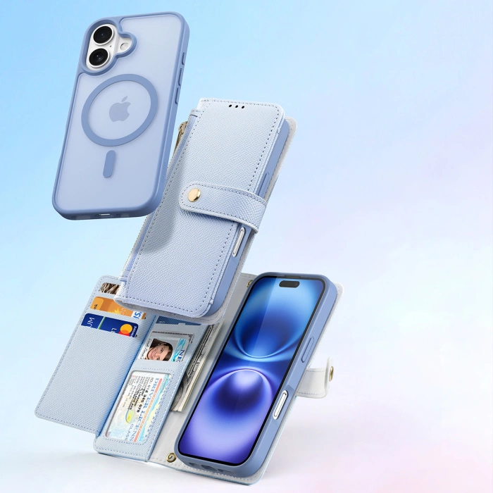 Dux Ducis Lawa iPhone 16 Leather Case with Detachable Magnetic Wallet - Blue