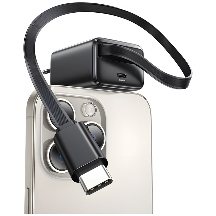 USAMS Ład. siec. 1xUSB-C ze zwijanym kablem USB-C Retractable PD+QC 30W Gan Fast Charging czarny/black YC Series CC241TC01 (US-CC241)