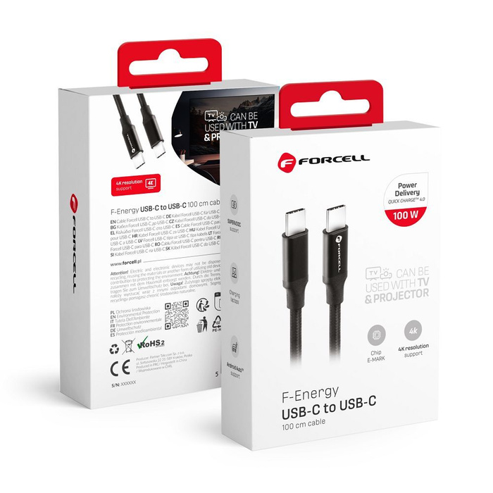 FORCELL kabel Typ C auf Typ C QC4.0 5A/20V PD100W E-mark / 4K / Thunderbolt / 20Gbit/s C391 1m 1m schwarz