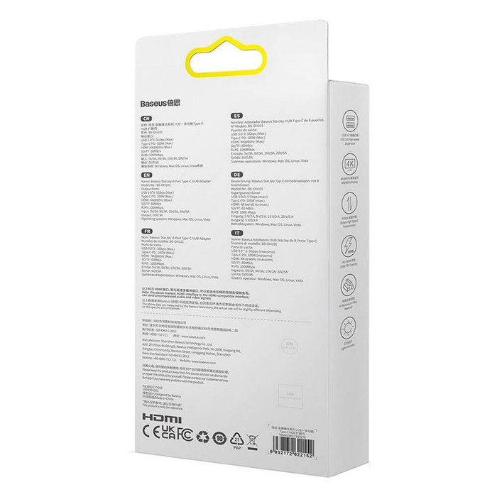Baseus StarJoy HUB 8-Port USB-C - 3x USB-A / 1x HDMI / 1x RJ45 / 1x SD/TF / 1x USB-C PD grau