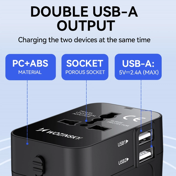 Wozinsky WUTWC travel adapter universal 24W EU / US / AUS / UK / 2x USB-A - black