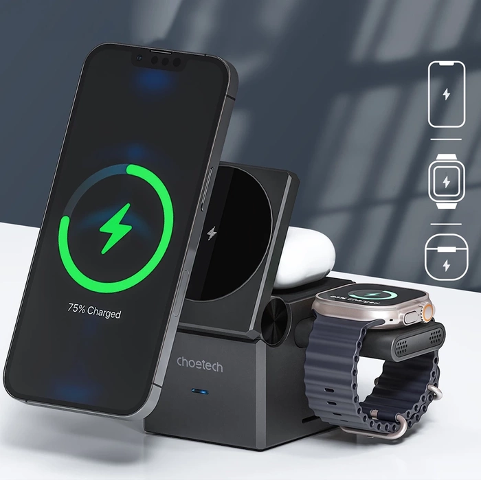 Choetech T632-F induktives Ladegerät 15W 3in1 für iPhone / Apple Watch / AirPods - Grau