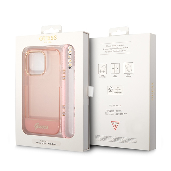 Hülle GUESS Apple iPhone 14 Pro Max Transluzente Perle Riemen Rosa Hartcase