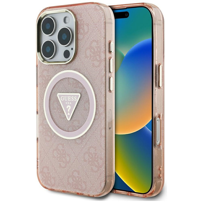 Etui Guess IML Metal Glitter 4G Circle   Triangle MagSafe do iPhone 16 Pro Max różowy