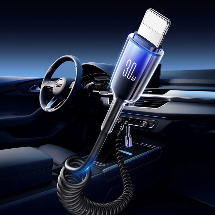 Joyroom S-A43 Crystal-Clear Series 30W USB-C – Lightning Spiralkabel 1,5 m – Schwarz