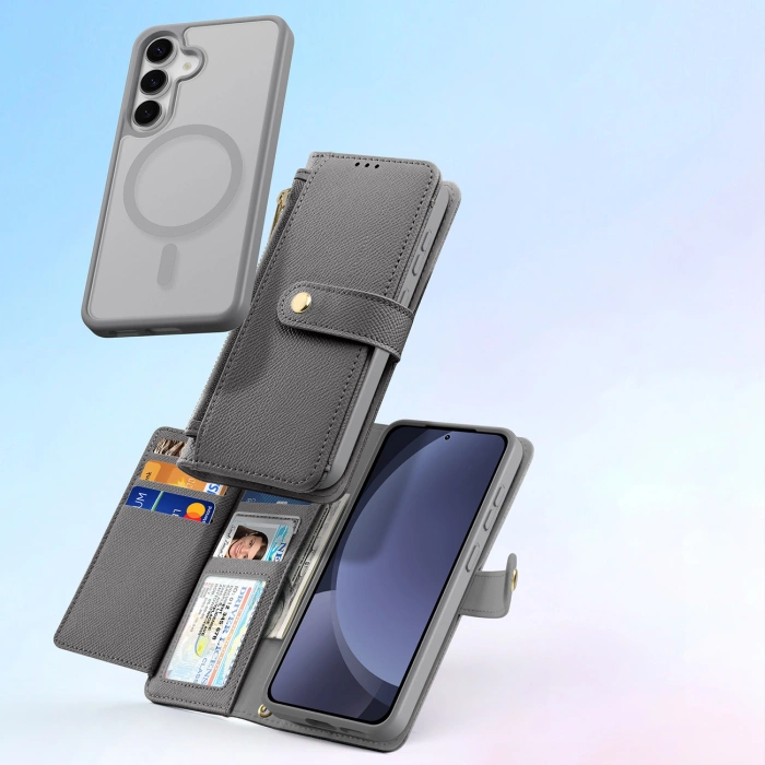 Dux Ducis Lawa Lederhülle für Samsung Galaxy S25 mit abnehmbarer magnetischer Brieftasche – Grau