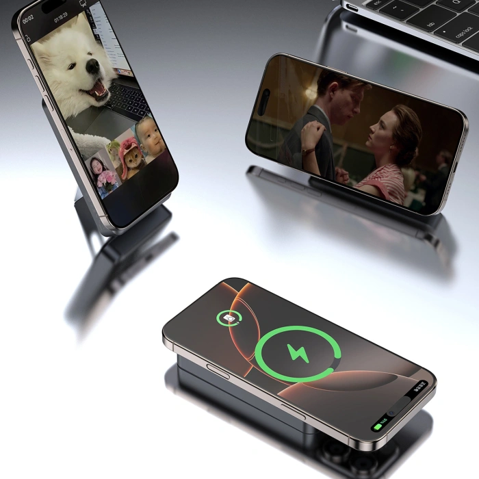 Powerbank Dudao K29 10000mAh PD 20W z MagSafe z metalową obudową, podstawką i wbudowanymi kablami USB-C/Lightning - szary