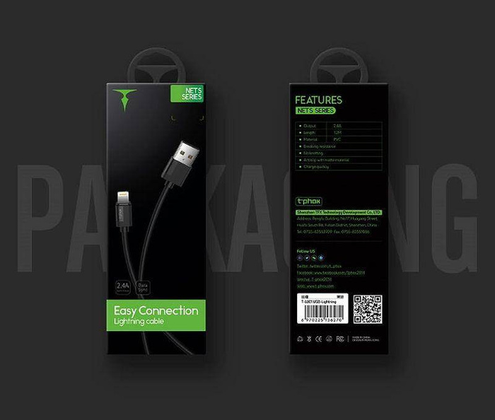 CABLE T-PHOX NETS MICRO USB NEGRO 2.4A ; PVC ; 2M