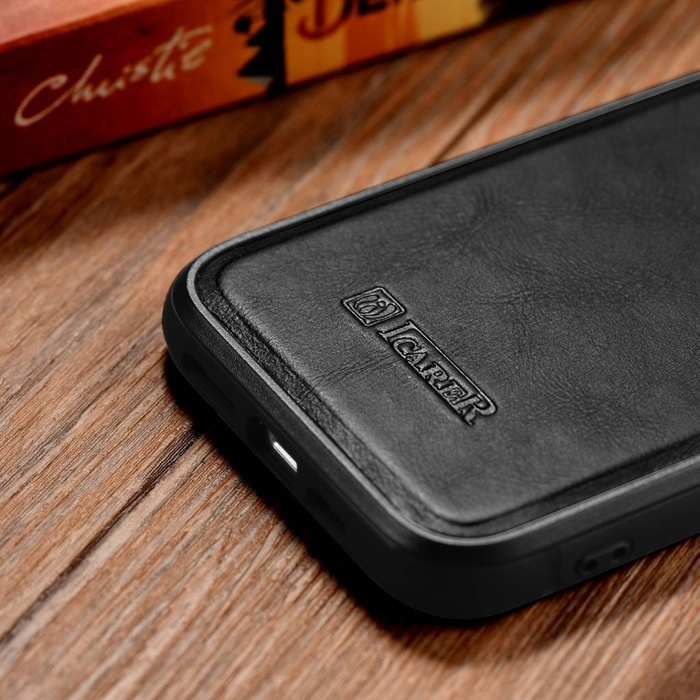 iCarer Leather Oil Wax Custodia in vera pelle per iPhone 14 Pro Max (compatibile con MagSafe) nero (WMI14220720-BK)