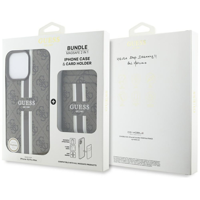 Etui Guess 4G Stripes z portfelem         Magsafe do iPhone 16 Pro Max brązowy