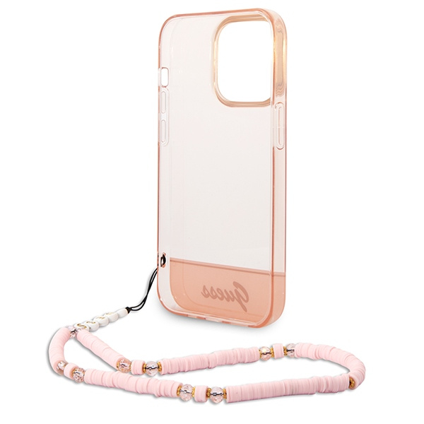 Case GUESS Apple iPhone 14 Pro Max Translucent Pearl Strap Pink Hardcase