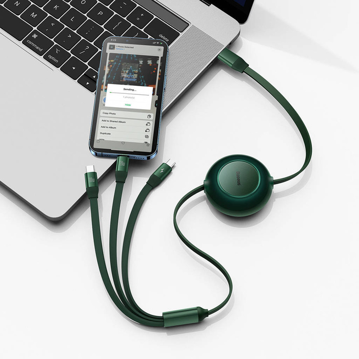 Câble rétractable Baseus Bright Mirror 2 3en1 USB Type C - micro USB + Lightning + USB Type C 3.5A 1.1m vert (CAMJ010206)