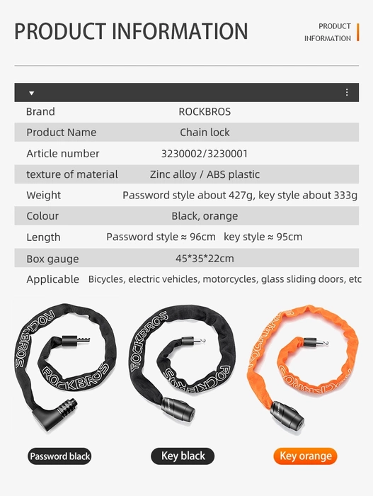 Rockbros 3230002001 antivol pour vélo avec combinaison et clé - noir